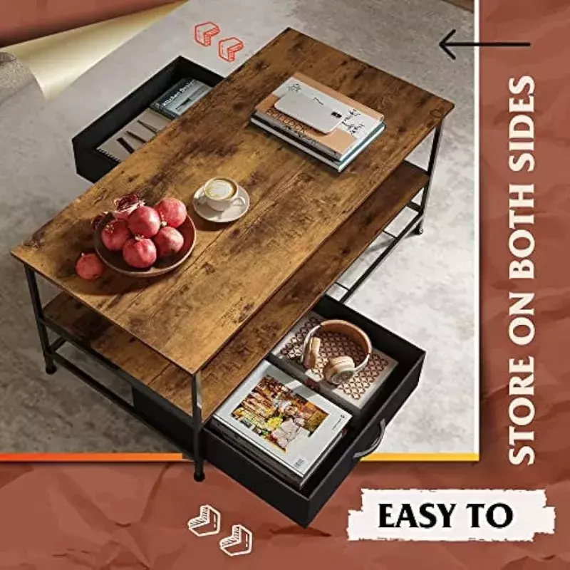 WLIVE-طاولة قهوة مع أدراج تخزين ورف مفتوح ، طاولة كوكتيل خشبية ومعدنية حديثة لغرفة المعيشة ، منتصف القرن