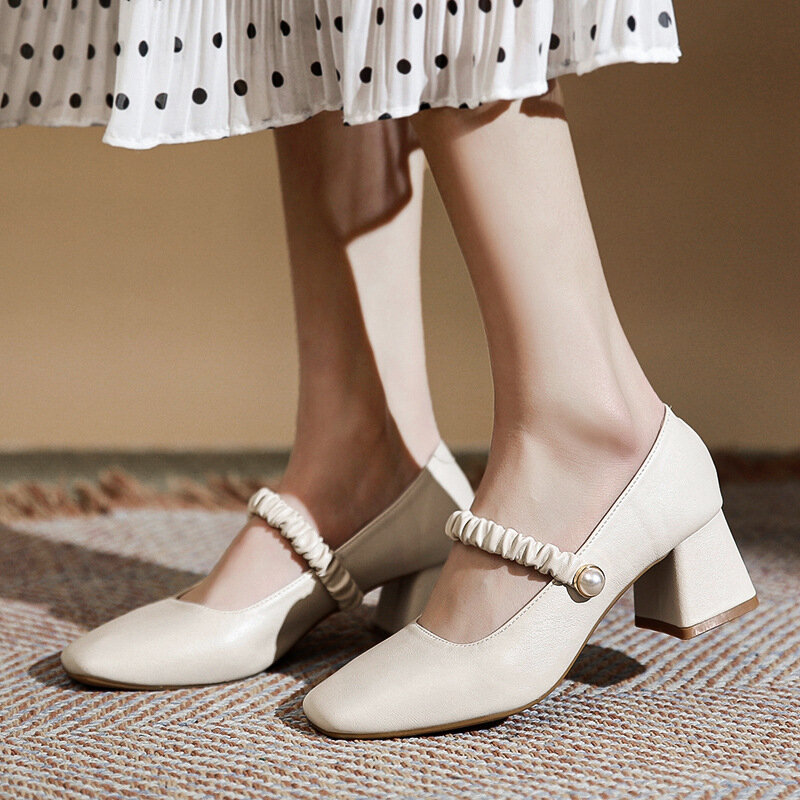 حذاء جين مستدير بمقدمة القدم للنساء ، مضخات فم ضحل ، موضة الربيع والخريف ، صيحات ماري