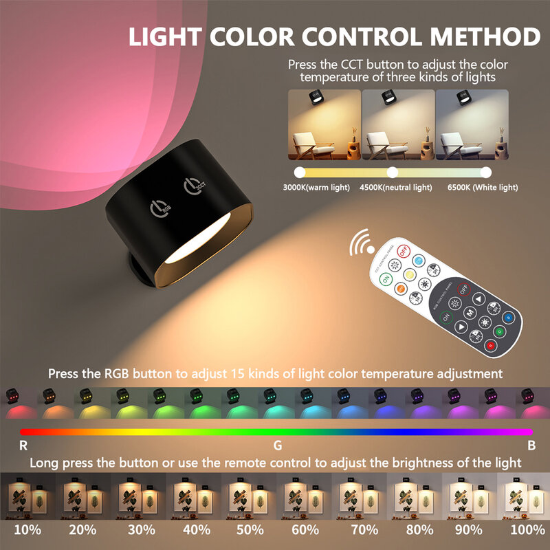 أضواء جدارية LED مع جهاز تحكم عن بعد ، شمعدان جداري قابل لإعادة الشحن USB ، درجة حرارة لون RGB + 3 عاكس ، مصباح حائط لاسلكي مغناطيسي للغرفة