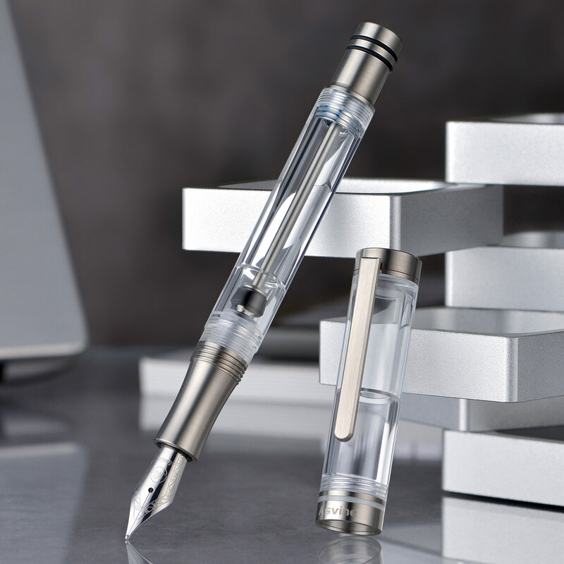 قلم حبر تيتانيوم Asvine V200 ، ملء فراغي ، Asvine / BOCK EF/F/B Nib ، قلم كتابة ناعم شفاف من الأكريليك
