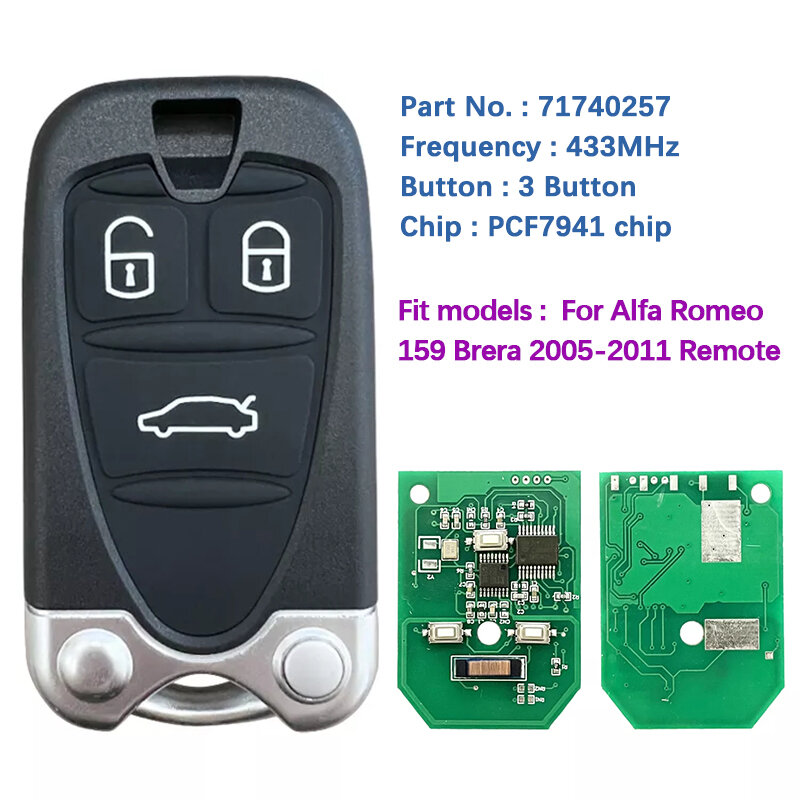 ما بعد البيع 3 زر مفتاح الذكية ، رقاقة رقم الجزء ل ألفا روميو 159 ، بريرا ، العنكبوت 2005-2011 ، 433MHz ، PCF7941 ، ID46 ، 71740257 ، CN092005