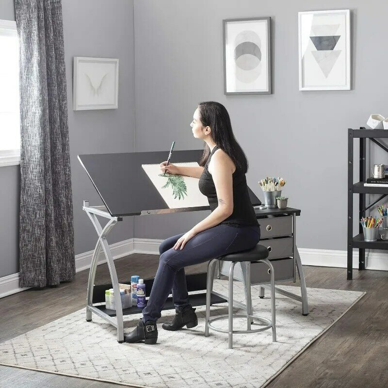 مجموعة تصميمات استوديو SD ، طاولة حرفية ، زاوية أعلى ومقعد قابل للتعديل ، فضي ، أسود ، 2 *