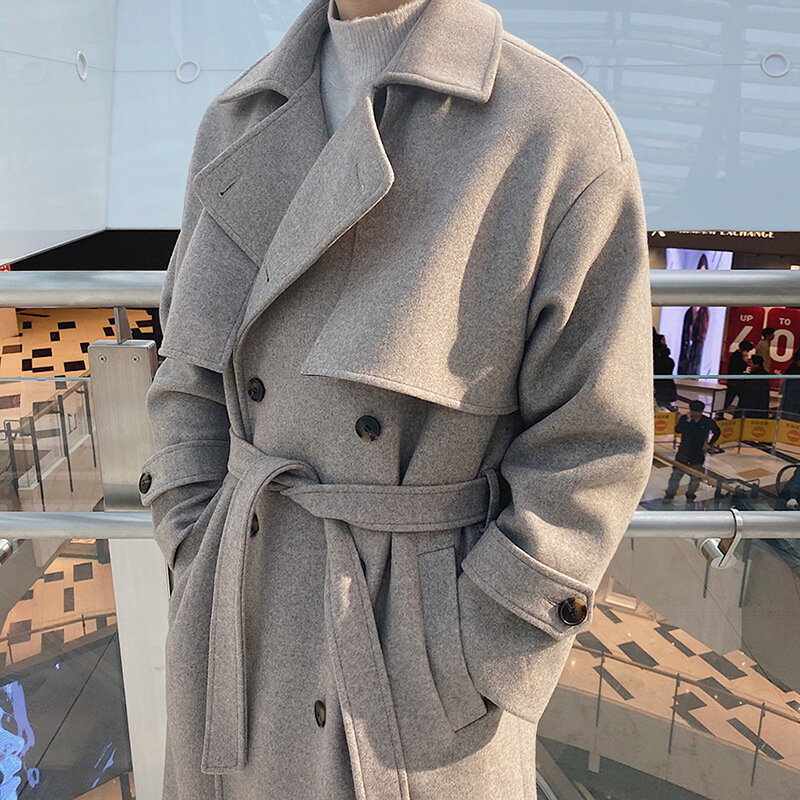 معطف من الصوف الرجال الشتاء معطف طويل من الصوف السميك النسخة الكورية من اتجاه سترة واقية فضفاضة عالية الجودة