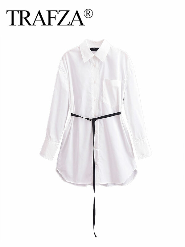 TRAFZA-قميص طويل فضفاض للنساء ، قماش واق من الرياح ، أزرار وحزام ، بلوزات نسائية برية ، موضة الربيع ،
