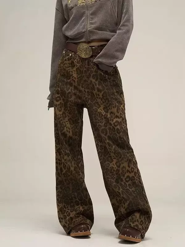 هوتشو-جينز نسائي جلد النمر ، بنطال جينز ، كبير الحجم ، بنطال واسع الساق ، ملابس الشارع ، الهيب هوب ، ملابس كلاسيكية ، فضفاضة ، غير رسمية ، تان