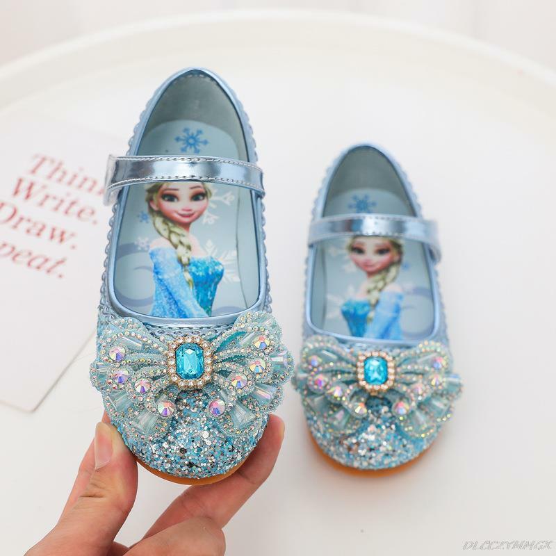 ديزني الكرتون إلسا لينة أسفل حذاء طفل فتاة الأميرة الأحذية المجمدة الكريستال أحذية الأطفال شقة زهرة فتاة الأحذية الجلدية