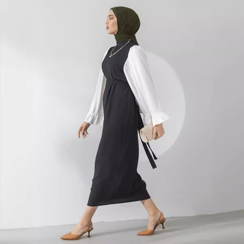فستان بياقة مدورة للشرق الأوسط ، فستان مغربي فضفاض ، تباين الألوان ، خصر ، نحيل ، إسلامي ، عربي
