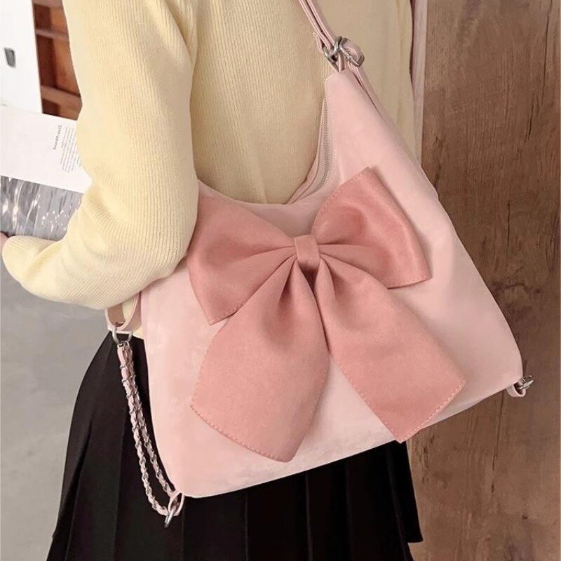 Xiuya-حقيبة كتف القوس الوردي للنساء ، على الطراز الكوري ، سعة كبيرة ، حقيبة ظهر جميلة ، لطيفة ، رائعة ، أنيقة ، حمل ، أنثى ، موضة ، جديدة