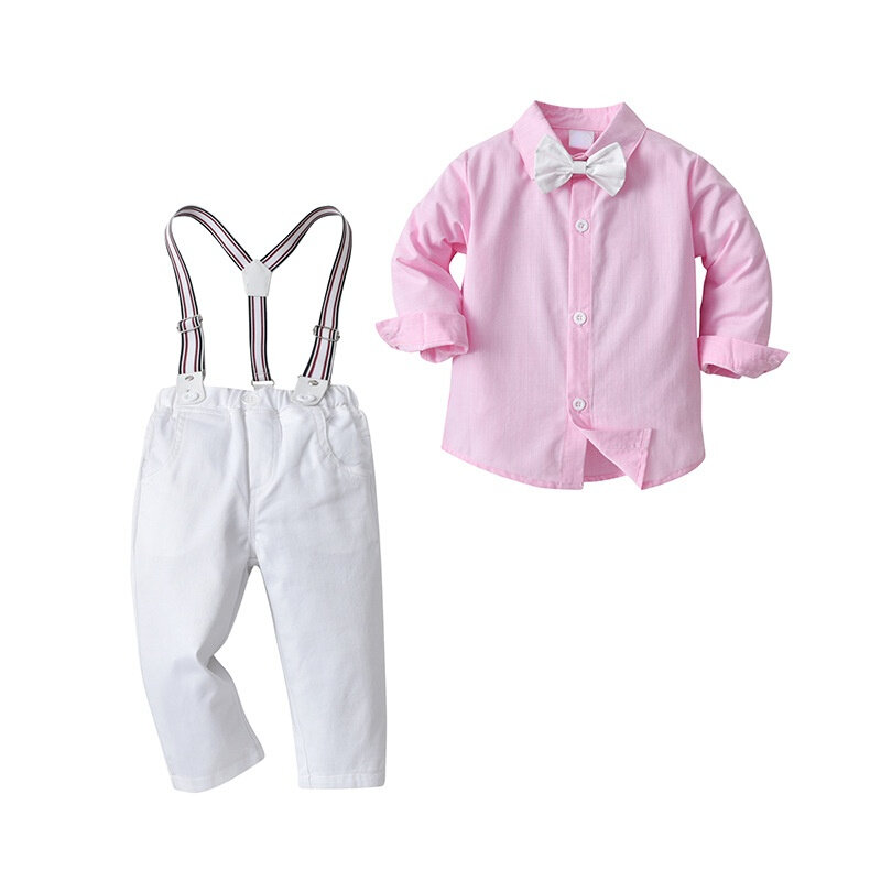 طفل الفتيان الملابس مجموعة الخريف الربيع الأطفال الرسمي قميص بلايز + الحمالة السراويل 2 قطعة ثوب فضفاض