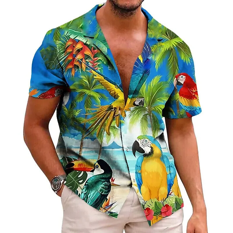 قميص هاواي مطبوع ثلاثي الأبعاد للرجال والنساء ، زهرة ، ببغاء ، صدر واحد ، أكمام قصيرة ، ملابس عصرية