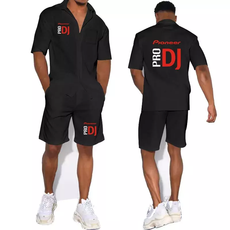 بدلة رجالية صيفية بأكمام قصيرة مع إبزيم ، قميص منفوخ مطبوع من Pioneer Pro Dj ، ملابس عطلات الشاطئ ، ملابس مريحة فضفاضة