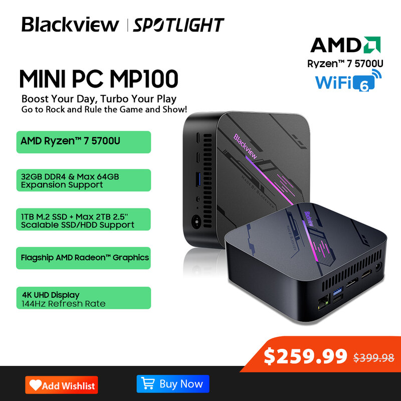 جهاز كمبيوتر صغير Blackview MP100 AMD R7 5700U ، كمبيوتر صغير ، 8 نواة ، 16 خيط ، 16 جيجابايت ، 32 جيجابايت ، DDR4 ، GB ، 1-SSD ، [العرض الأول العالمي]
