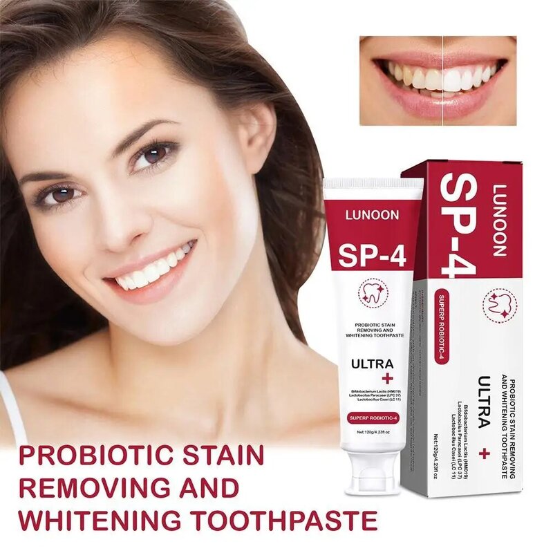 معجون أسنان بروبيوتيك Sp-4 تبييض تبييض الأسنان حماية اللثة الطازجة الفم تنظيف الأسنان العناية بالصحة الأسنان 120g