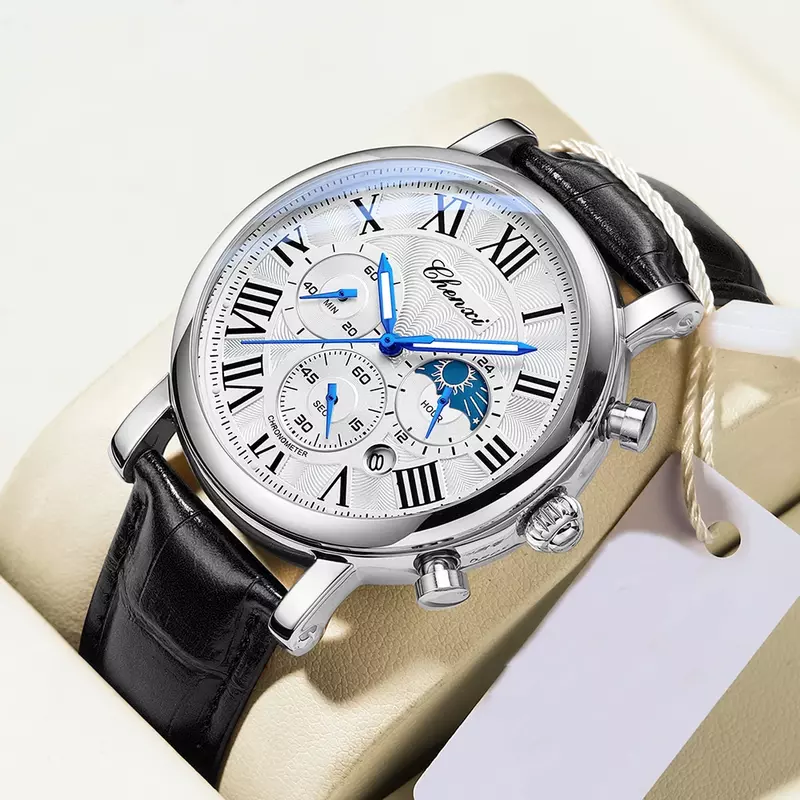رجال الأعمال الفاخرة الساعات متعددة الوظائف كرونوغراف العلامة التجارية الأعلى جلد طبيعي عادية ريترو كوارتز ساعة اليد الذكور هدية