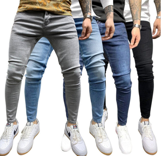 بنطال جينز ضيق مناسب للرجال ، أزرق ، أسود ، بنطلون جينز هيب هوب ، ملابس غير رسمية