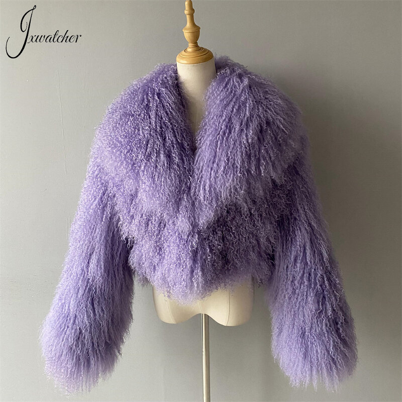 Jxwatcher-معطف الفرو المنغولي للنساء ، طوق كبير بدوره إلى أسفل ، معطف الفرو الحقيقي القصير للسيدات ، سترة دافئة رقيق ، أزياء الخريف الإناث ، الشتاء