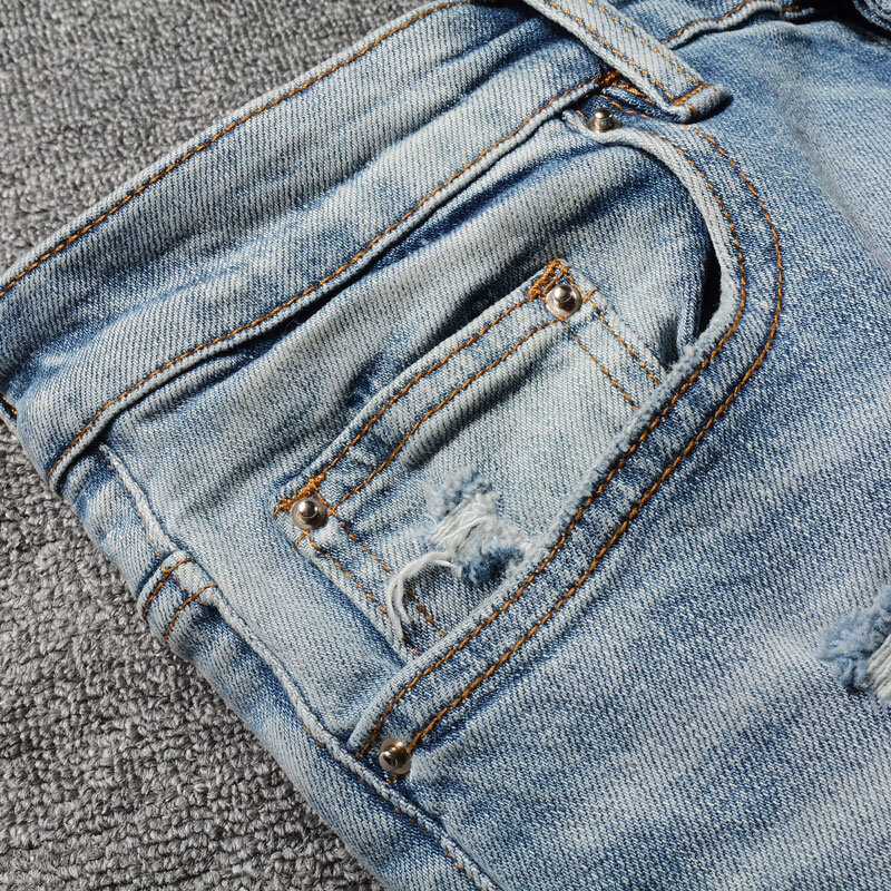 جينز رجالي أزرق فاتح مطاطي ضيق مناسب للجلد ممزق ، بنطلون ماركة هيب هوب مصمم ، موضة شارع عالية ، ريترو ، مصحح ، علامة تجارية