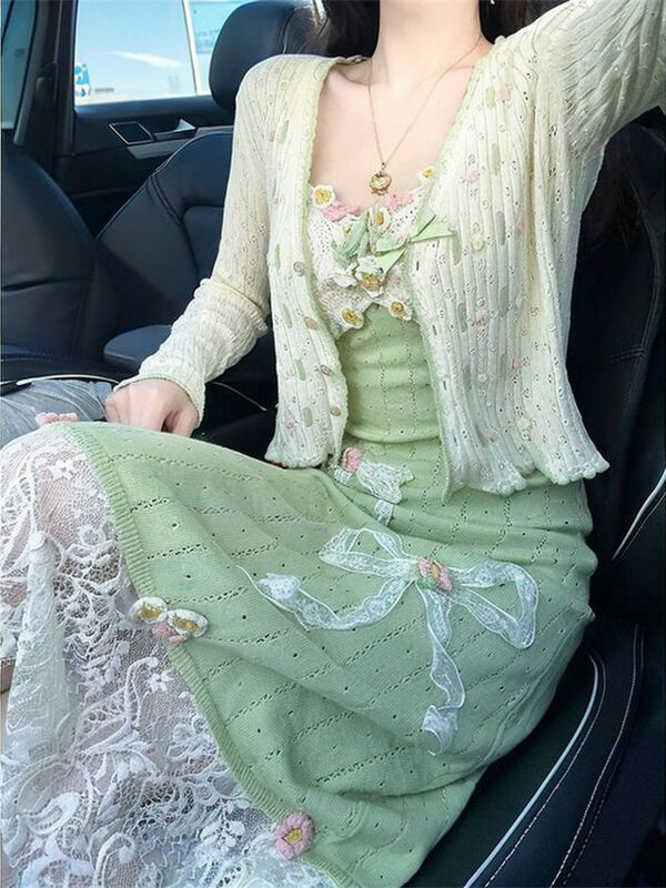 طقم من قطعتين من كارديجان محبوك ، فستان جميل ولطيف ، جاكيت صغير ، تصميم حاسي ، قميص قصير