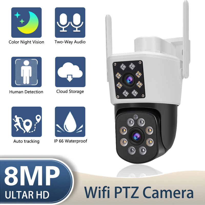 كاميرا ذكية PTZ IP مع عدسة مزدوجة ، رؤية ليلية ملونة في الهواء الطلق ، تتبع تلقائي AI ، كاميرا مراقبة CCTV لاسلكية ، شاشة مزدوجة ، 8MP ، 4K