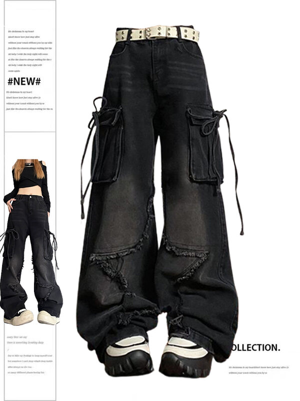 بنطلون جينز حريمي أسود ذو طراز قوطي فضفاض مع نجمة ، Harajuku Y2K ، 90s بنطلون جينز جمالي ، بنطلون جينز Emo 2000s ، ملابس عتيقة