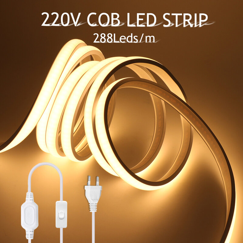 شريط COB LED عكس الضوء ، ضوء النيون ، السوبر مشرق فوب ، الشريط الشريط ، 220 فولت ، 288 المصابيح لكل متر ، RA90 ، 3000K ، 4000K ، 6000K ، شريط LED مقاوم للماء