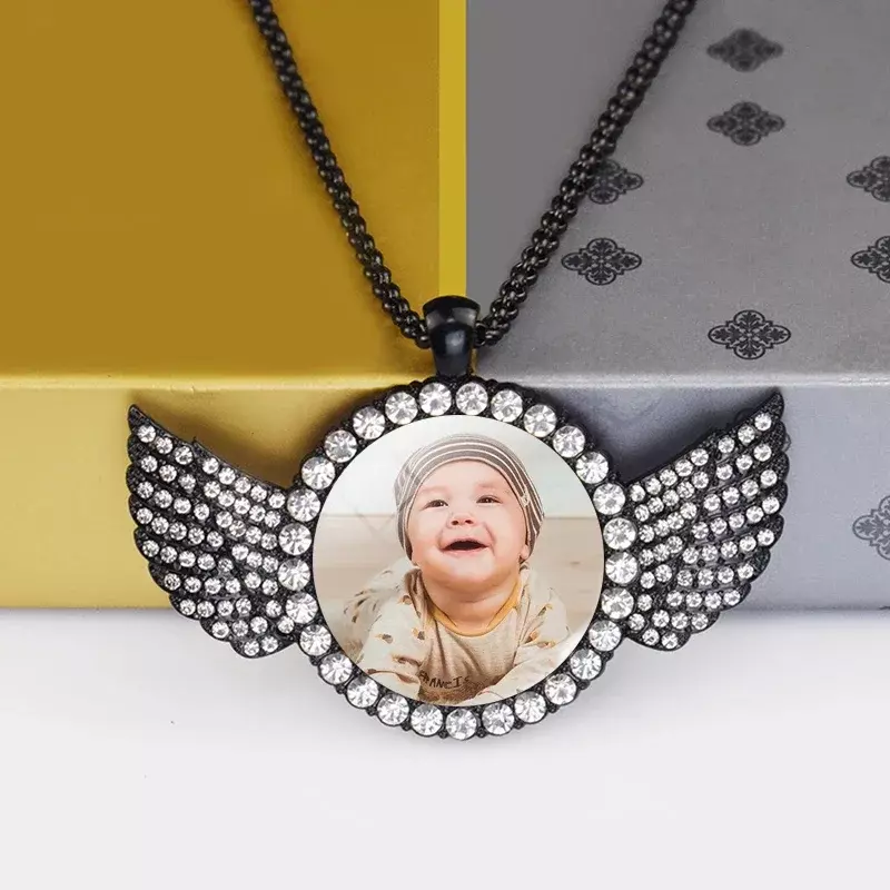 مخصص الطفل صور أجنحة الملاك قلادة مع سلسلة طويلة الراين قلادة شخصية زجاج قبة صورة مجوهرات مخصصة