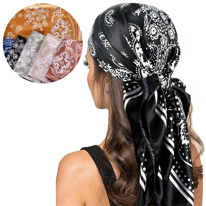 أوشحة شعر نسائية مربعة من الساتان تشبه الحرير ، وشاح رأس للنوم ، عمامة زهرة اليد ، شال ، 90-