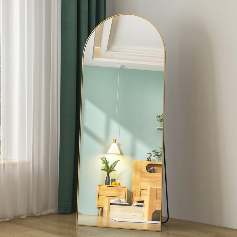 مرآة مقوسة بطول كامل CONGUILIAO ، مرآة أرضية بواقفة ، مرآة جسم كامل ، إطار من سبائك الألومنيوم الذهبية ، 65 × 24 بوصة