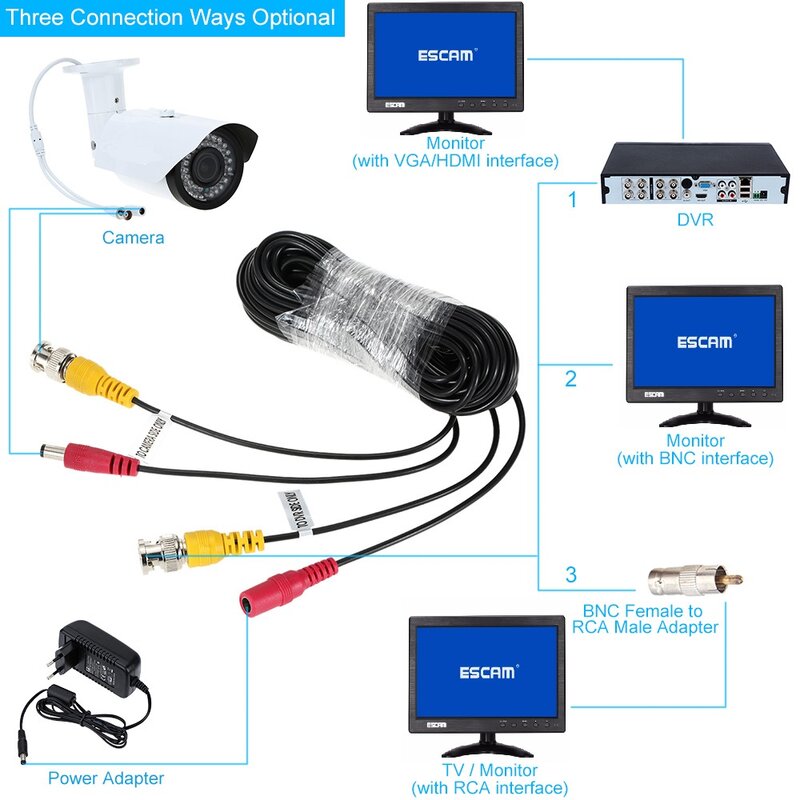 ESCAM 10 ~ 60 متر CCTV DVR كاميرا مسجل نظام فيديو كابل تيار مستمر الطاقة الأمن مراقبة BNC كابل