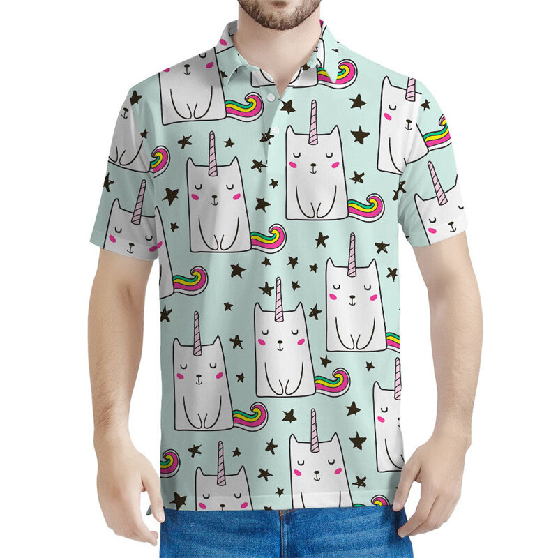 قمصان بولو للرجال رائعتين بنمط القط ، تي شيرت حيوانات بطباعة ثلاثية الأبعاد كرتونية ، قمم بأكمام قصيرة ، تي شيرت فضفاض ، الصيف