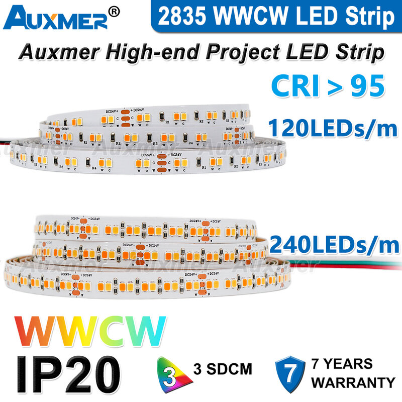 أضواء شريط مصابيح LED WWCW 2835 ، مصابيح LED 120/م 240 مصباح/م ، CRI>95 مصباح LED مرن فائق السطوع DC12/24 فولت ، 5 متر/بكرة ، CCT 2400 ~ 6500K ، IP20 ، 3SDCM