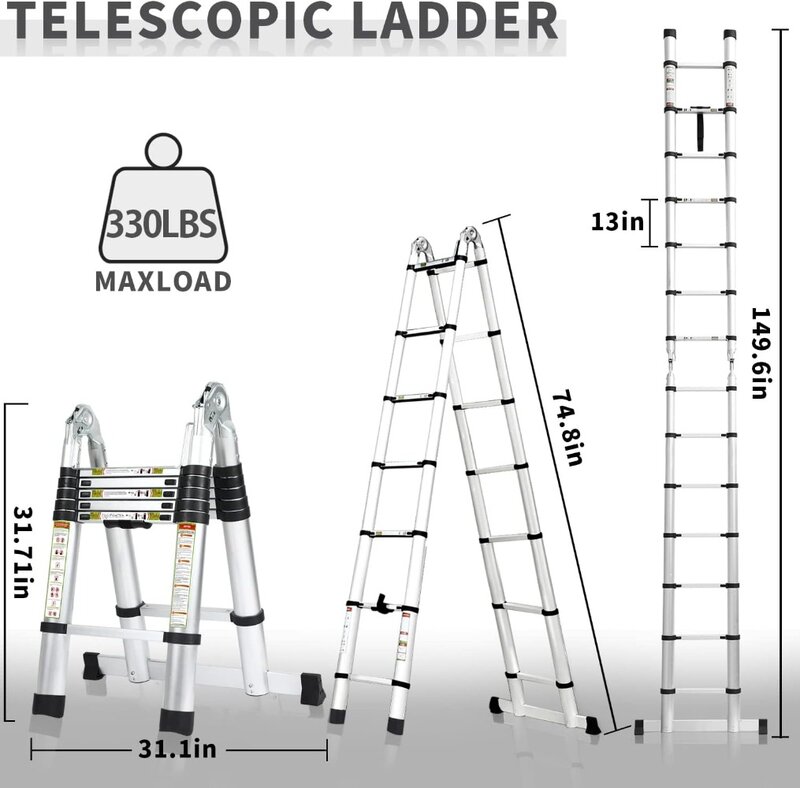 سلم تمديد من الألومنيوم تلسكوبي ، سلم قابل للطي محمول للأماكن الخارجية والمنزلية ، إطار ، 12.5 قدم
