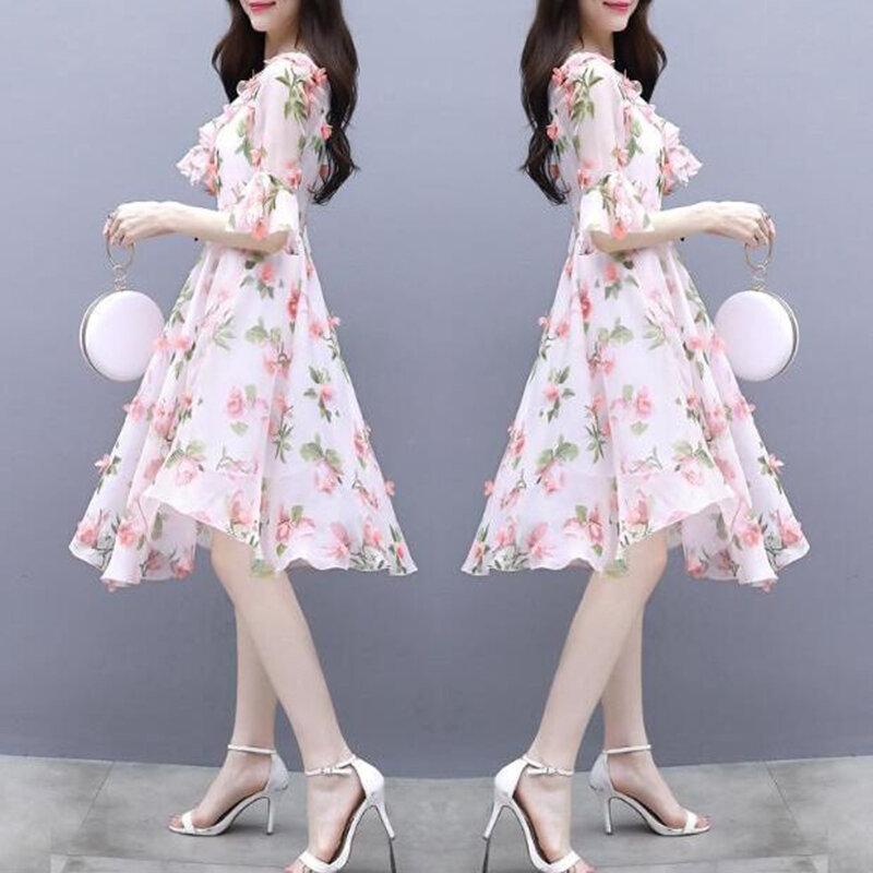المرأة طباعة لوليتا فستان الكورية موضة الخامس الرقبة الأزهار الشيفون فستان سليم الإناث الصيف قصيرة الأكمام ميدي فستان حجم كبير