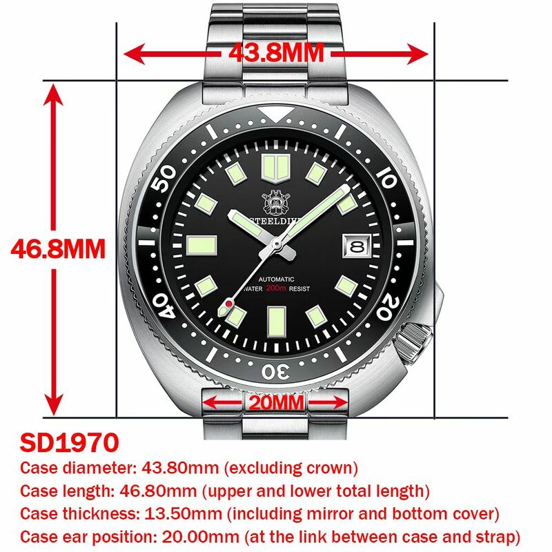 ساعة غواص الغوص الأوتوماتيكي من steelالغوص SD1970 خلفية بيضاء للتاريخ 200 متر مقاومة للماء NH35 6105