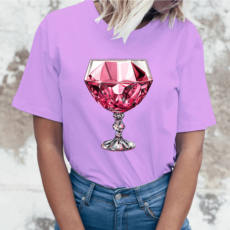تي شيرتات نسائية مطبوعة من الزجاج والنبيذ الوردي ، قمصان كاجوال بأكمام قصيرة ، قمم برقبة مستديرة ، أزياء صيفية ، جودة عالية