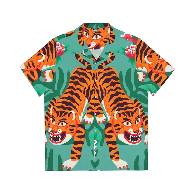قميص رجالي هاواي بنمط النمر الشاطئ ، ملابس هاواي ، حيوان مطبوع ثلاثي الأبعاد ، أكمام قصيرة ، قمم Y2K ، بلوزة ، حفلة عطلة ، الموضة