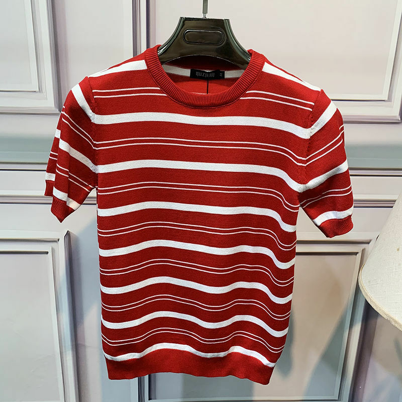 Men's short sleeve sweater striped slim sweater spring and autumn high quality small shirt round neck handsome Korean jacket