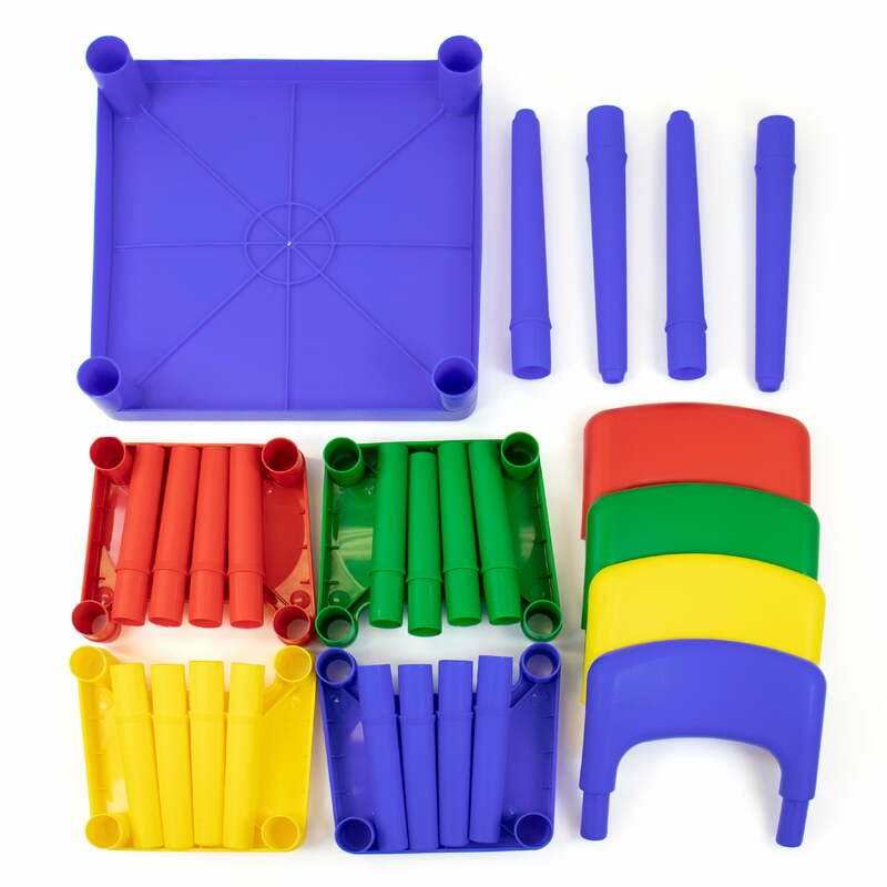 طاقم متواضعة للأطفال طاولة بلاستيكية خفيفة الوزن و4 كراسي مجموعة ، مربع ، أزرق/برتقالي/أخضر/أصفر/أرجواني