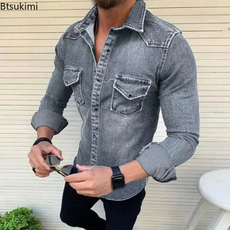 جديد ربيع الخريف الرجال الجينز قميص دنيم بأكمام طويلة قمصان للرجال القطن اثنين جيوب سليم مطاطا الدينيم قمصان شيميز أوم