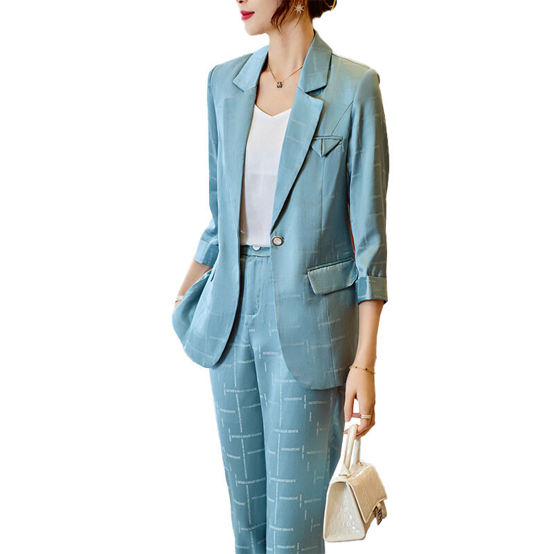 بدلة عمل نسائية زرقاء ، بدلة مقابلة ، معطف اسيتات راقي ، ملابس الربيع والصيف ، 2 *