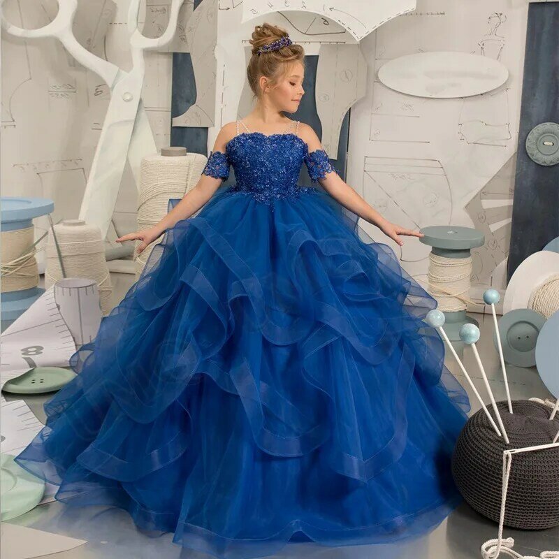 فستان فتاة الزهور الأزرق الملكي تول منتفخ الطبقات يزين قصيرة الأكمام لحفلات الزفاف عيد ميلاد مأدبة الأميرة الثياب