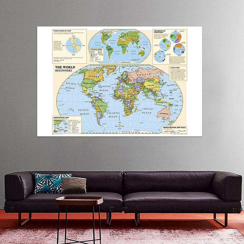 خريطة العالم المادية مع التسمية دون علم البلد للمبتدئين ، غير المنسوجة ، طوي ، تسمية مفصلة ، 150x100cm