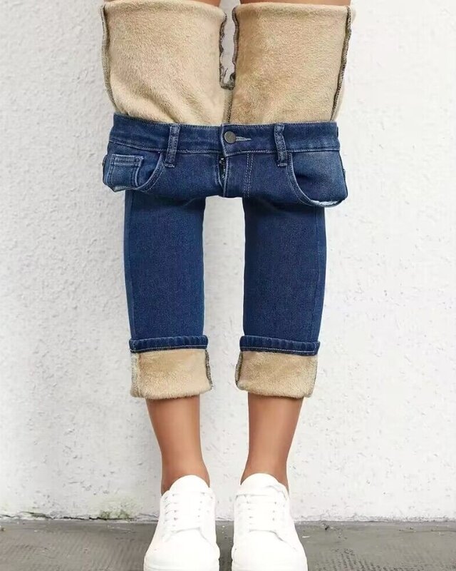 جينز نسائي قطيفة عالي الخصر ، بنطلون مبطن بالصوف ، بنطلون جينز غير رسمي نحيف ، أزرق داكن عصري ، تصميم جيب ،