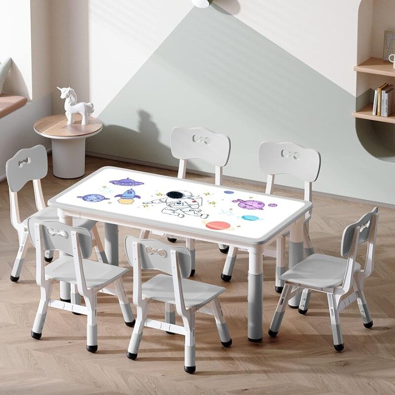 مجموعة طاولة وكرسي للأطفال من لويو ، ارتفاع قابل للتعديل ، طفل صغير ، 4 مقاعد ، طاولة ، مناسبة لمدة عامين ، سطح طاولة