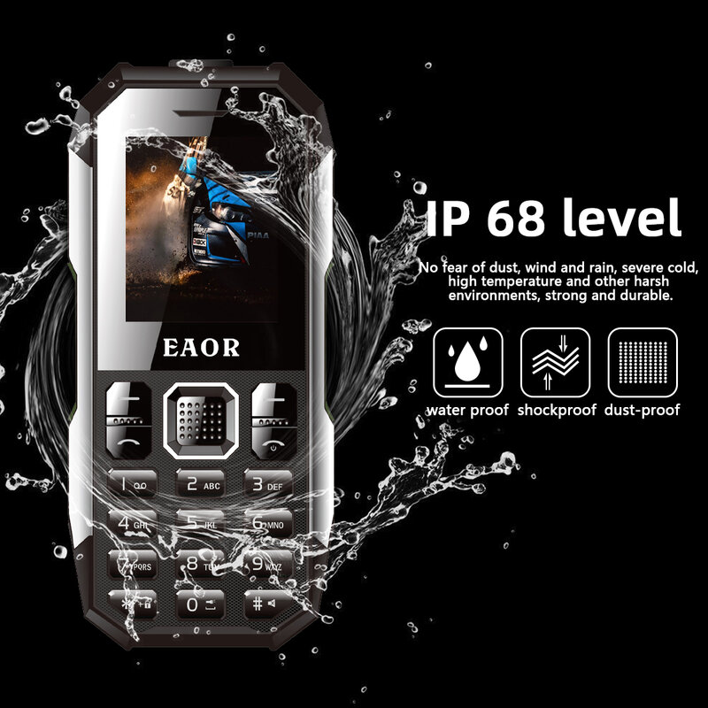 هاتف IP68 متين لوحة مفاتيح ، مقاوم للماء ، مقاوم للغبار ، ثنائي الشريحة ، بطارية كبيرة ، زر دفع ، هاتف ميزة مع الشعلة ، جديد