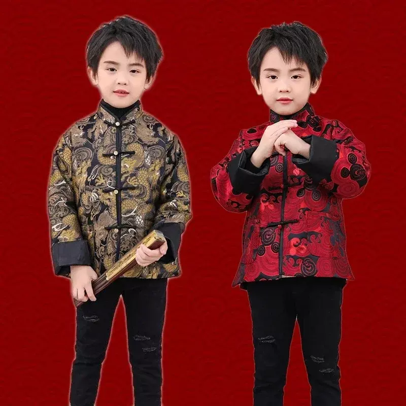 سترة بدلة تانغ صينية للأولاد ، بدلة أطفال تقليدية ، ملابس العام الجديد ، معطف مطبوع على شكل تنين ، عيد الميلاد ، الشتاء