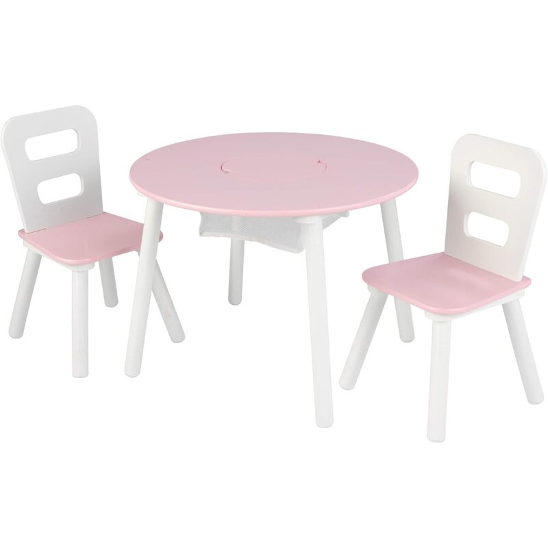 طقم طاولة مستديرة وكراسي خشبية للأطفال ، تخزين شبكي مركزي ، وردي وأبيض ، مقعدان