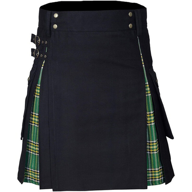 حزام إسكتلندي للرجال تقليدي منقوش ذو ثنيات بسلسلة ثنائية لون بني قوطي شيك بانك تنورة شورت ترتان بألوان متباينة