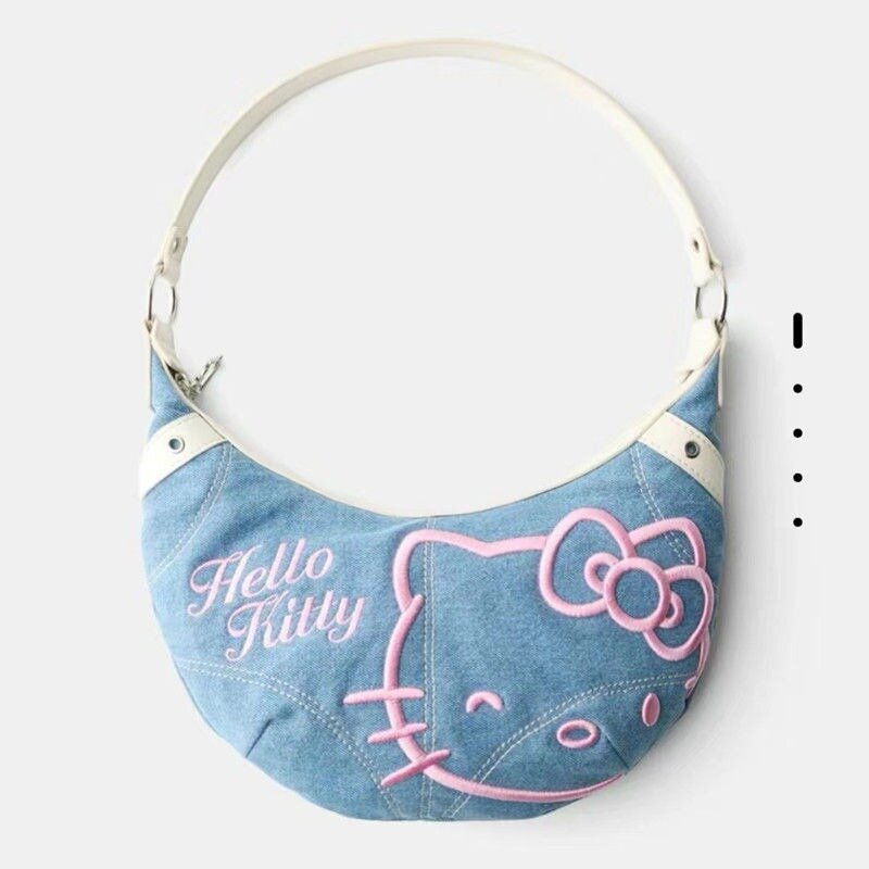 MBTI Hello Kitty حقيبة يد دينم عتيقة للنساء ، تطريز لطيف ، أزياء كرتون ، حقيبة كتف ، كاجوال للسيدات ، حقيبة إبطين يومية ، جديدة