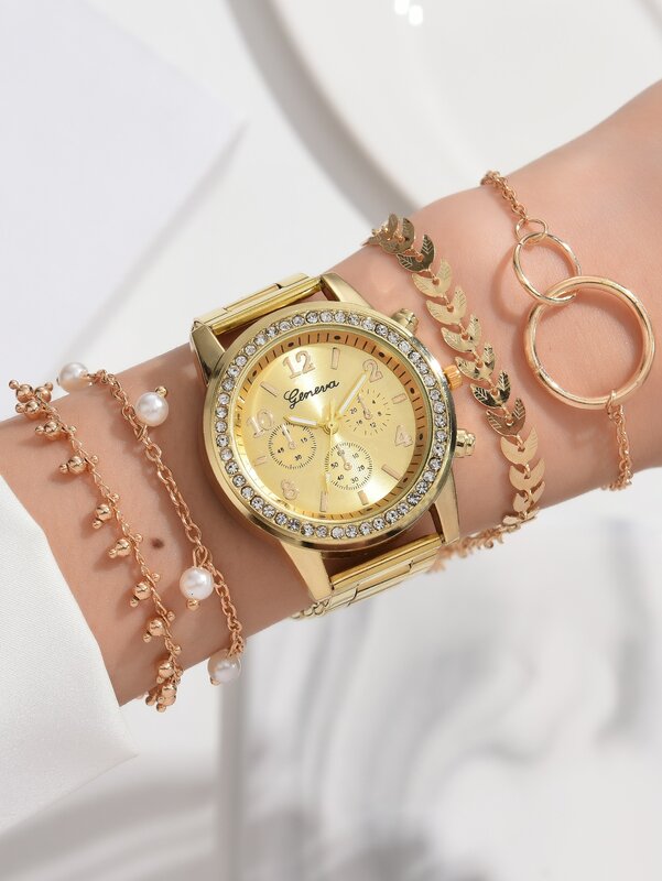 ساعة كوارتز مستديرة ذهبية للنساء ، 3 عيون ، حزام سبيكة ، مجموعة مجوهرات حجر الراين ، هدية ، 5 قطعة